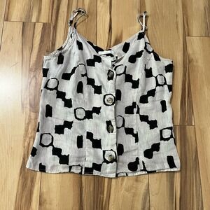 H&M Button Front Linen Tank Top Geometric Print V Neck Women's XS Beige
